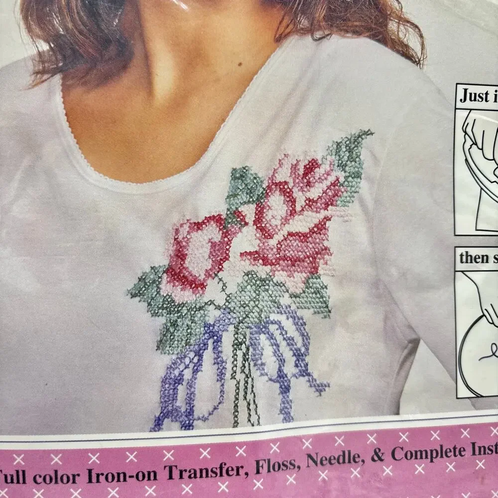 2 Wearable Flower Cross Stitch Kits Vintage 1990s Iron On Transfer Rose Pansy